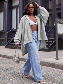 Slaydiva Plus Size Women's Hoodie, Grey Batwing Irregular Hem Plus Size Zip Up Cardigan Sweatshirt - Grey - View 6