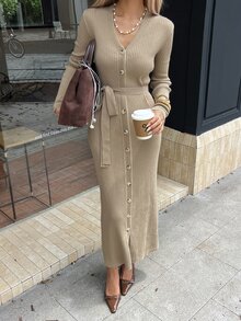 DAZY Women's Elegant Comfortable Commute Long Sleeve V-Neck Front Button Waist Tie Sweater Dress - Apricot - View 4