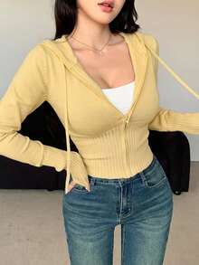 DAZY 女款素色修身長袖連帽拉鍊開襟針織外套 - 米色 - 查看 4