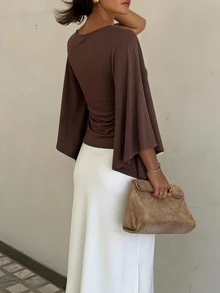 Siren Gaze Women's Solid Color Elegant Round Neck Draped Bell Sleeve Blouse - Brown - View 2