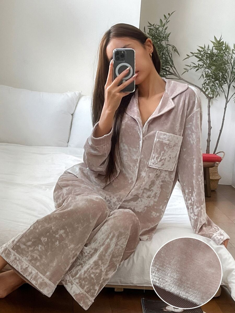 DAZY طقم ملابس نوم نسائي بلون موحد بأكمام طويلة وبنطال طويل للاستخدام اليومي والمنزلي - بني فاتح - مشاهدة 1