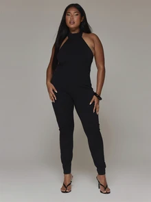 MUSERA Plus Size Black Highneck Bodycon Unitard Jumpsuit Spring Summer Casual Everyday Day Outfit Going Out - Black - View 3