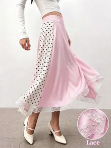 Lumivelle Women's Sweet Polka Dot Print Contrast Lace Trim Asymmetrical Skirt - Pink - View 1