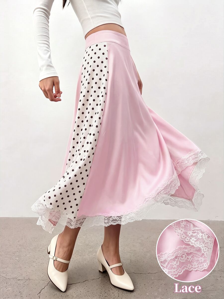 Lumivelle Women's Sweet Polka Dot Print Contrast Lace Trim Asymmetrical Skirt - Pink - View 1