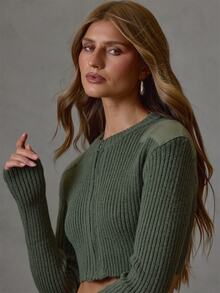 MUSERA Áo len croptop gân màu xanh lá có chi tiết miếng đắp vai, phong cách thường ngày casual cho mùa thu đông, đi học - màu xanh lá - Xem 4