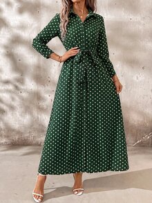 SHEIN Clasi 女款波點長袖休閒襯衫洋裝 - 墨綠色 - 查看 8
