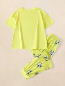SpongeBob SquarePants | SHEIN Set Piyama Wanita Motif Kartun Atasan Lengan Pendek dan Celana Panjang - Kuning - View 2