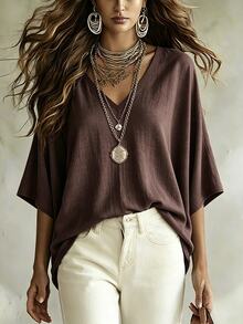 SHEIN Women's Minimalist Casual Comfortable Loose Cotton Linen Blouse - Chocolate Brown - View 3