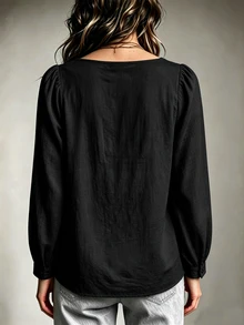 SHEIN 女款 100% 純棉蕾絲領開襟長袖襯衫 - 黑色 - 查看 2
