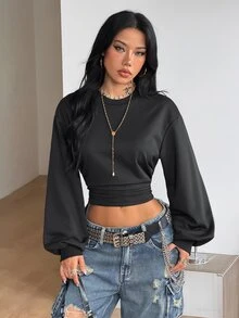 Coolane Women's Fall/Winter Back To School Basic Solid Color Pleated Asymmetrical Contrast Lace Neck Long Sleeve Pullover Black Sweatshirt Fall Outfits - Black - View 5