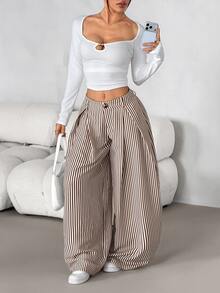SHEIN PETITE 女款休閒通勤棕色紋理條紋寬鬆長褲，適合休閒通勤、休閒外出、日常穿著、休閒外出穿搭，實用條紋長褲，條紋寬鬆長褲 - 杏色 - 查看 6