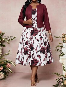 SHEIN Lady Plus Size Women Solid Color Long Sleeve Jacket & Floral Print Dress 2pcs Set - Burgundy - View 5
