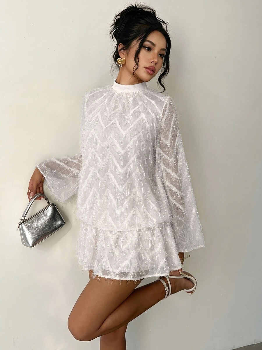 Flora Isola Flora Isola Women's Spring Summer Autumn Date Party Gathering Ball Jacquard Stand Collar Flared Sleeve Balloon Dress - White - View 1