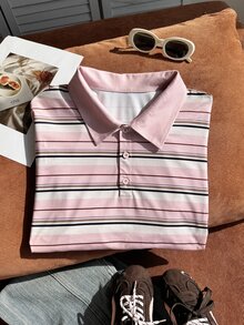 Comfortcana Plus Size Digital Print Striped Polo Collar Long Sleeve T-Shirt - Pink - View 5