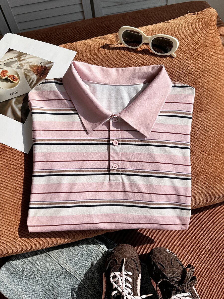 Comfortcana Plus Size Digital Print Striped Polo Collar Long Sleeve T-Shirt - Pink - View 1