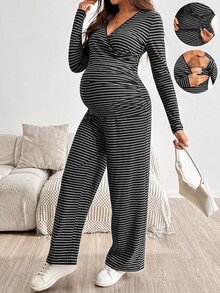 SHEIN 孕婦哺乳V領長袖上衣與長褲條紋兩件套 秋季 - 深灰色 - 查看 2