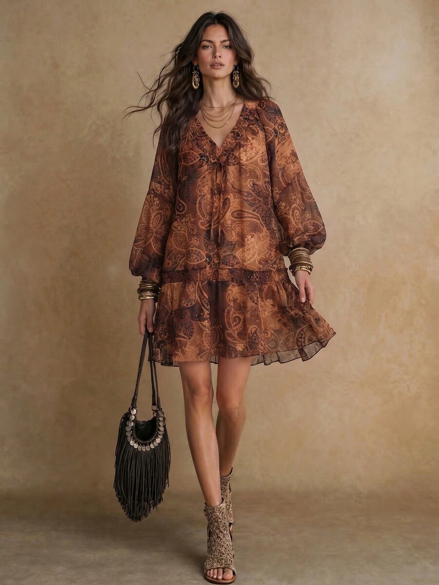 Solivie Women's Autumn Printed Loose Dress, Coffee Color Dress - Coffee - View 1