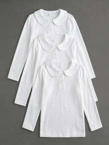 Young Girls White 3pcs Long Sleeve Polo Shirts, Peter Pan Collar Exquisite Heart Button, Long Sleeve T-Shirts, Basic Solid Color Fitted T-Shirts, Suitable For Back To School Season - White - View 1