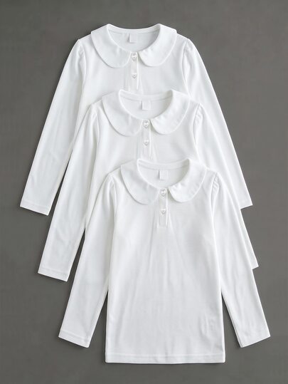 Young Girls White 3pcs Long Sleeve Polo Shirts, Peter Pan Collar Exquisite Heart Button, Long Sleeve T-Shirts, Basic Solid Color Fitted T-Shirts, Suitable For Back To School Season