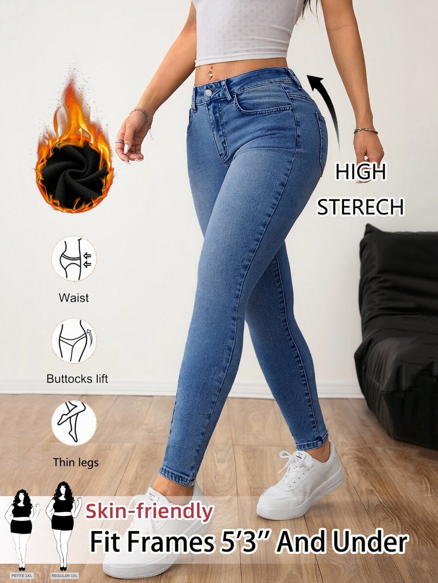 SHEIN PETITE CURVE Plus Size Jeans Fall/Winter Elegant Formal Y2k Cute Basic Chic Halloween Fuzzy Fleece PETITE CURVE BLUE - Blue - View 1