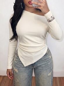 SHEIN LUNE Fashion Casual Apricot Ribbed Basic Asymmetrical Shoulder Asymmetric Hem Ruched Waist Plus Size T-Shirt - Apricot - View 3