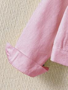 SHEIN Jaket Denim Anak Perempuan Warna Polos dengan Kerah Kemeja Berkancing dan Lengan Manset - Berwarna merah muda - View 3