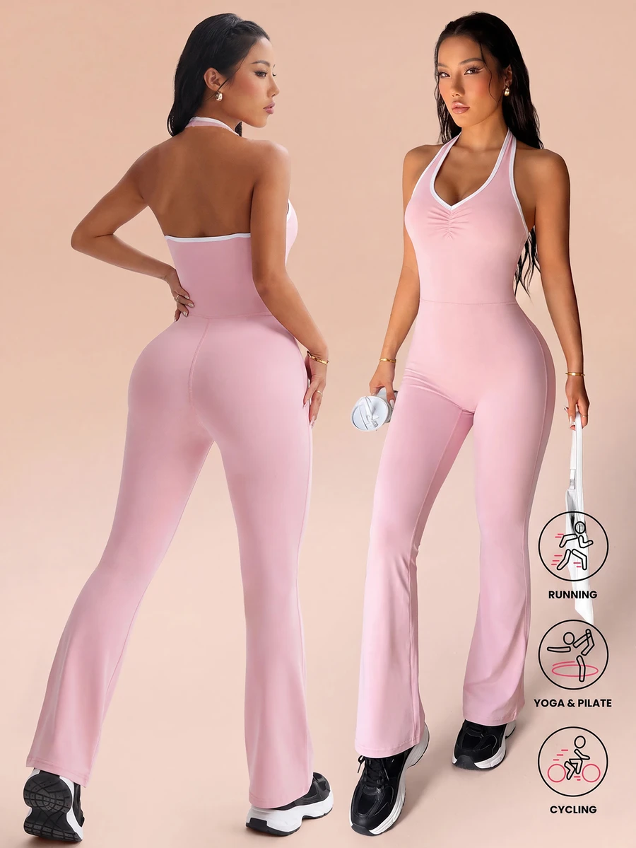 Eassivo Women's Minimalist Pleated Colorblock Sports Jumpsuit - Pink - View 1