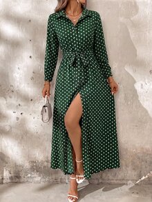 SHEIN Clasi 女款波點長袖休閒襯衫洋裝 - 墨綠色 - 查看 4