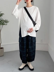 DAZY Solid Color Loose Round Neck Long Sleeve Split Hem Casual Daily Holiday Spring Autumn Top Maternity T-Shirt - White - View 8