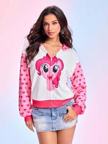 My Little Pony X SHEIN Women's Heart Print Drop Shoulder Long Sleeve Zip-Up Hoodie G4 - Pink - View 5