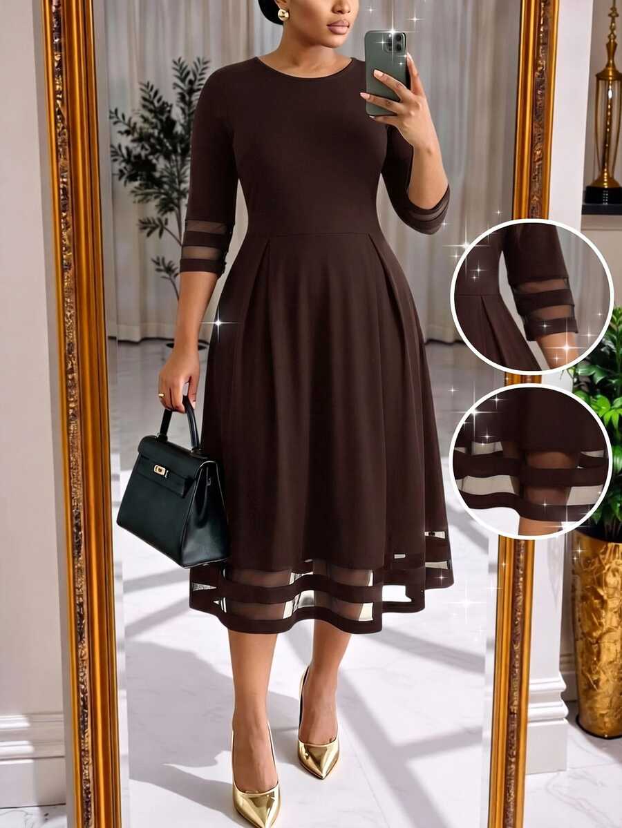 SHEIN Lady CURVE 大尺碼女款網紗拼接百褶休閒派對洋裝 - 棕色 - 查看 1
