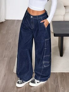 Muchica Celana Jeans Denim Wanita dengan Kantong Kargo, Potongan Lebar, dan Potongan Melengkung. - Biru - View 5