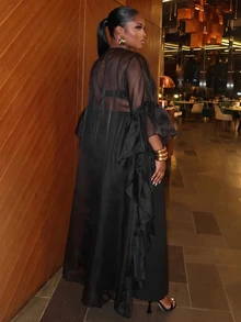 Slaydiva Mantel Panjang Hitam Berukuran Besar, Elegan, Seksi, Cocok untuk Pesta dan Kencan. Terbuat dari Organza Transparan. - Hitam - View 2