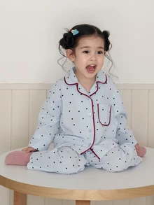 DAZY ملابس منزلية كاجوال بطراز كوري مع طباعة شاملة وياقة مطوية للرضع/الأطفال الصغار (البنات) - الأزرق - مشاهدة 8