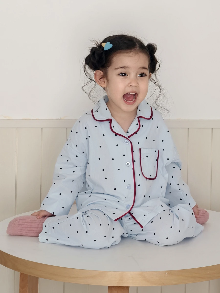 DAZY 嬰兒/幼兒(女童)翻領滿版印花韓式休閒居家服 - 藍色 - 查看 1