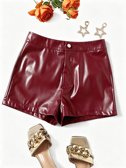 SHEIN LUNE Shorts casuales versátiles de cuero PU de unicolor para mujer
