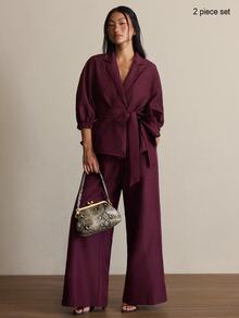 COSMINA Setelan Blus dan Celana Panjang Lengan Mengembang Warna Burgundy untuk Wanita, Pakaian Dua Potong Lengan 3/4 - Burgundy - View 3