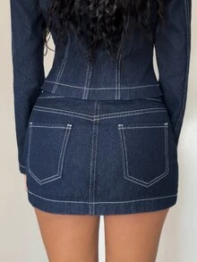 Jeanoix Y2K Women's Low Waist Button Decor Washed Denim Skirt - Dark Wash - View 2