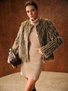 MOTF PREMIUM WOMEN'S SOLID COLOR FASHION VERSATILE WINTER FAUX FUR COAT - Coffee Brown - View 5