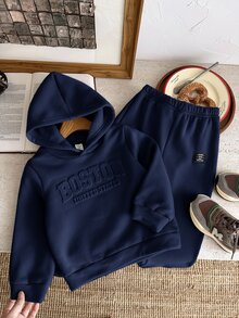 Bubblio Kids Young Boy Casual Style Loose Fit Letter Pattern Hooded Sweatshirt,Elastic Waist Long Autumn Pants Set,Back-To-School,School,Summer,Outdoor ,Party - Navy Blue - View 6