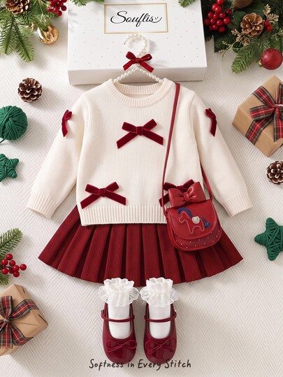 Cozy Pixies Baby Girls Sweater Co-Ords Knit Pullover Bow Sweater With Red Skirt, Cute And Playful, Suitable For Autumn/Winter, Baby Girl Dopamine Style