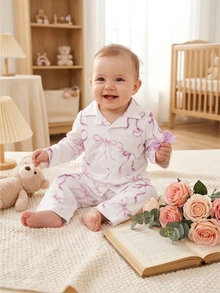 SHEIN 1 Set Baby Girl Sweet Cute Elegant Skin-Friendly Soft Comfortable Casual Daily Pink Heart Bow Rabbit Cartoon Print Open Front Knit Long Sleeve Top And Pants 2 Pieces Set Loungewear - Baby Pink - View 7