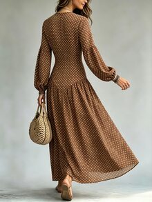 SHEIN Women's Polka Dot V-Neck Long Sleeve Single-Breasted Elegant Dress - Brown - View 2