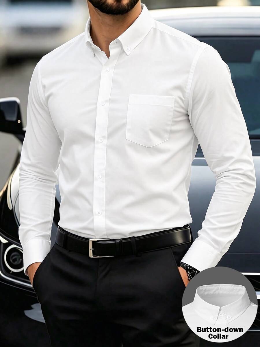 Manfinity Mode Men's Business White Button-Down Collar Shirt, Wrinkle-Resistant Soft Oxford Commute Casual Long Sleeve Shirt - White - View 1