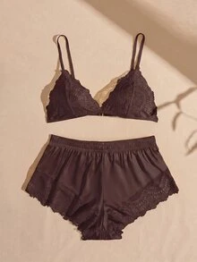 Lullawish Contrast Lace Triangle PJ Set - Rust Brown - View 3