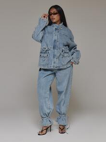 MUSERA Plus Size Blue Denim Funnel Neck Lace Detail Jacket Spring Summer Casual Everyday Day Outfit Going Out - Blue - View 3