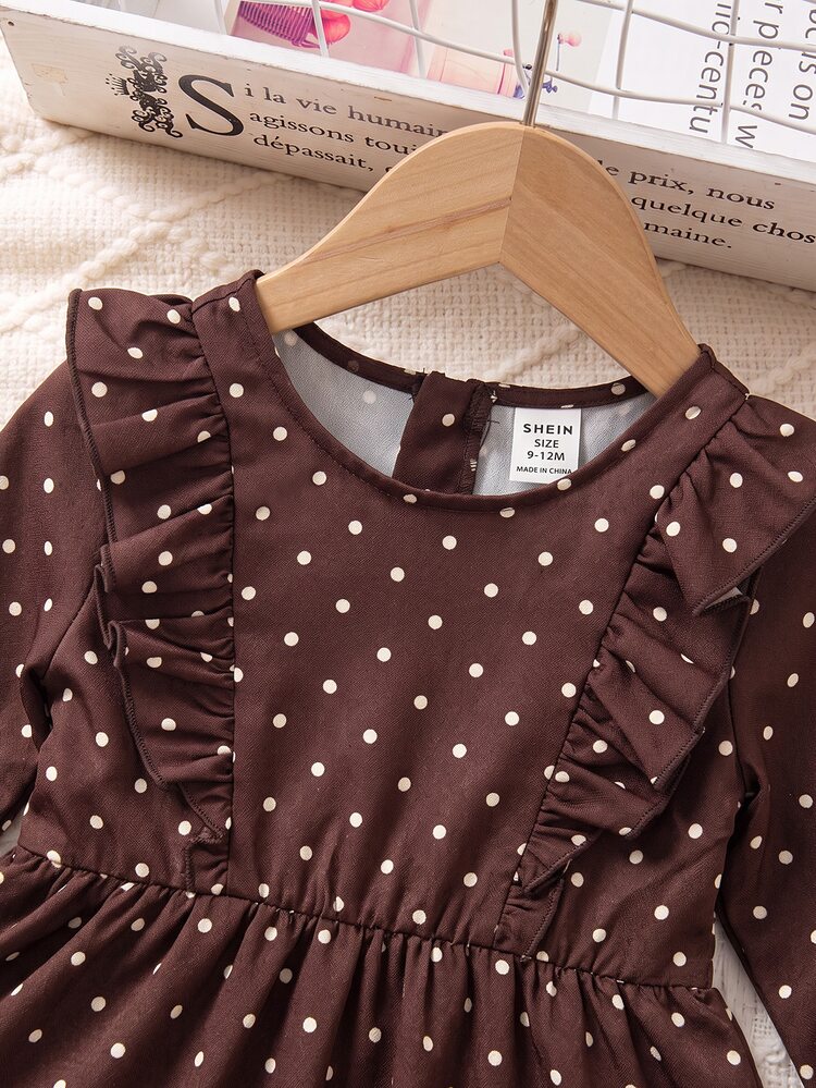 SHEIN Baby Girl Woven Polka Dot Round Neck Ruffle Casual Dress,New Fall Styles - Brown - View 3