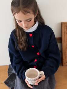 DAZY Kardigan Polos Warna Solid dengan Desain Hati dan Kancing untuk Anak Perempuan Tween, Leher Bulat, Lengan Panjang - Navy Blue - View 1