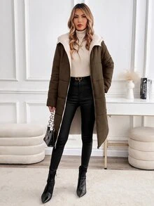 SHEIN Clasi 女款拉鍊連帽泰迪毛內裡絎縫外套 秋冬款 - 咖啡棕 - 查看 11