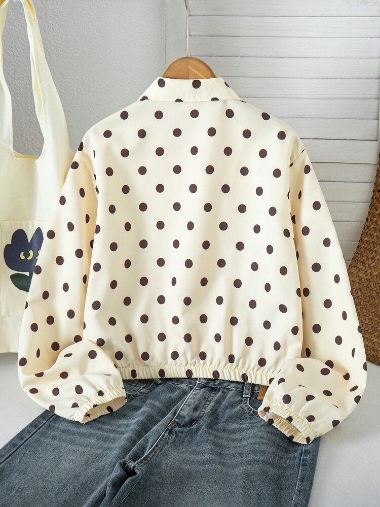 SHEIN Tween Girls Fashion Polka Dot Zip Up Jacket Stand Collar Cropped Long Sleeve Outerwear Coat - Multicolor - View 2